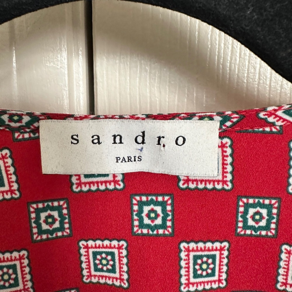 Sandro Paris Red "Laith" Geometric Tile Print Tie-Front Wide Leg Jumpsuit US 4 - Picture 6 of 11